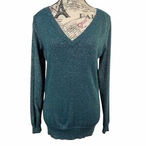 Massimo Comfort & Elegance Green/Gold Threading V-Neck Sweater for Women Size M